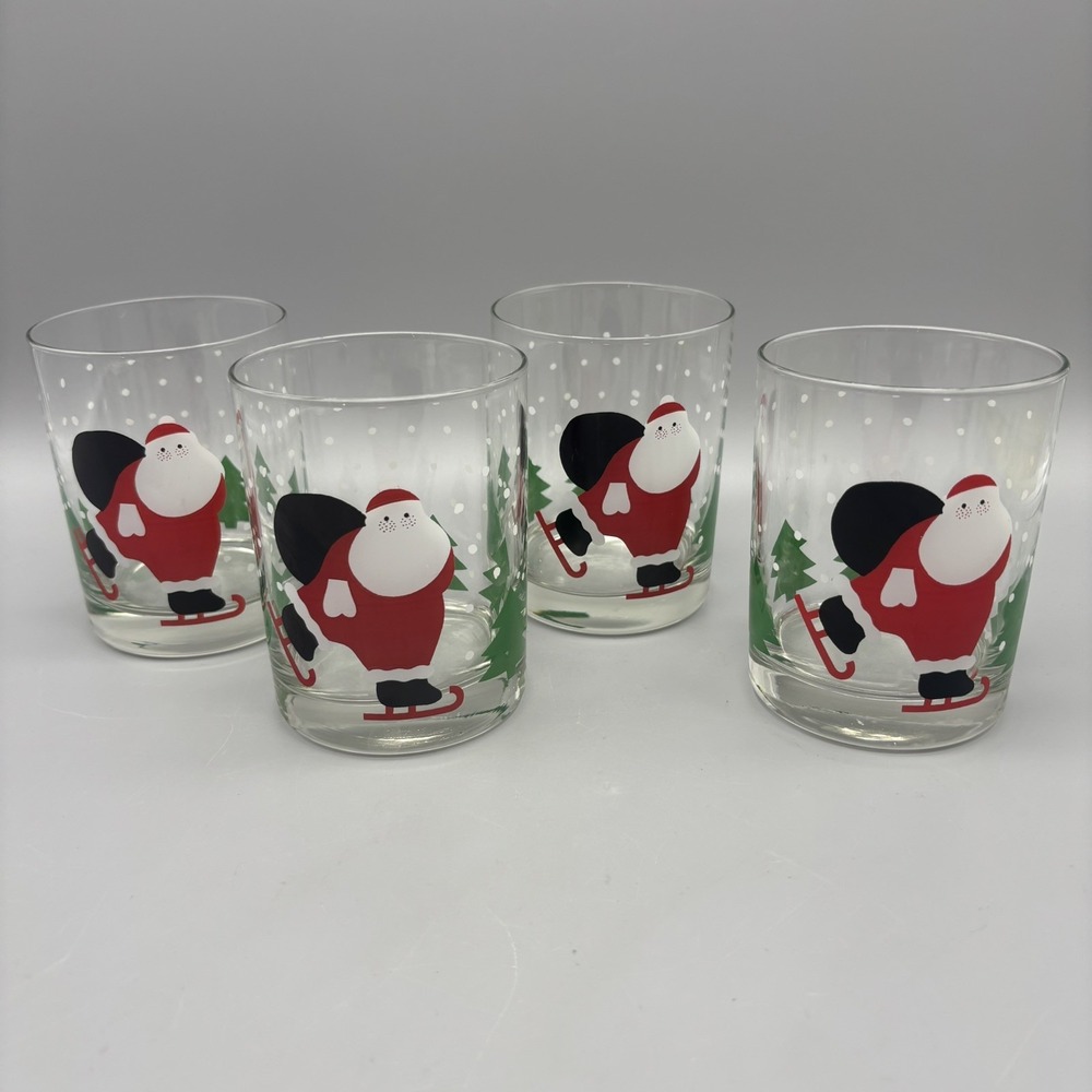 Vintage Set of 4 Crate and Barrel Ice Skating Santa Double Old Fashioned Glasses